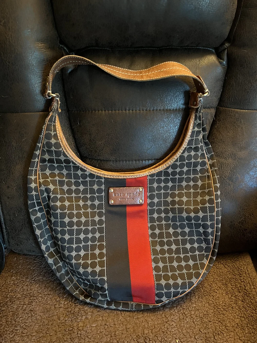 kate spade brown hobo bag with red & black stripe